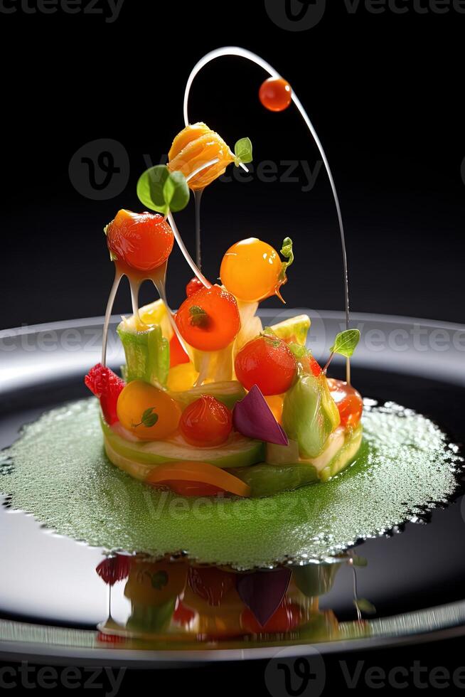 Assortment of Vegetables, Fruits Slices and Syrup as a Dessert Gastronomy on Plate, Closeup Shot. . photo