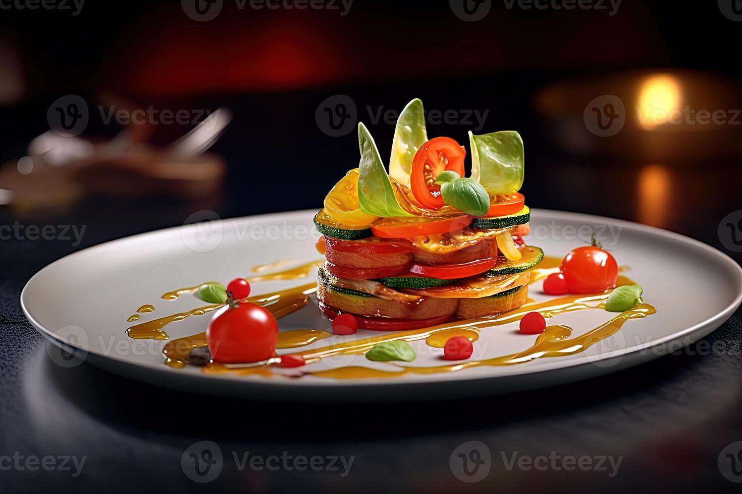 Slices of Fruits and Vegetables Arranged in Pile with Syrup as a Dessert Gastronomy on Plate. Food Photography, Generative AI Technology. photo