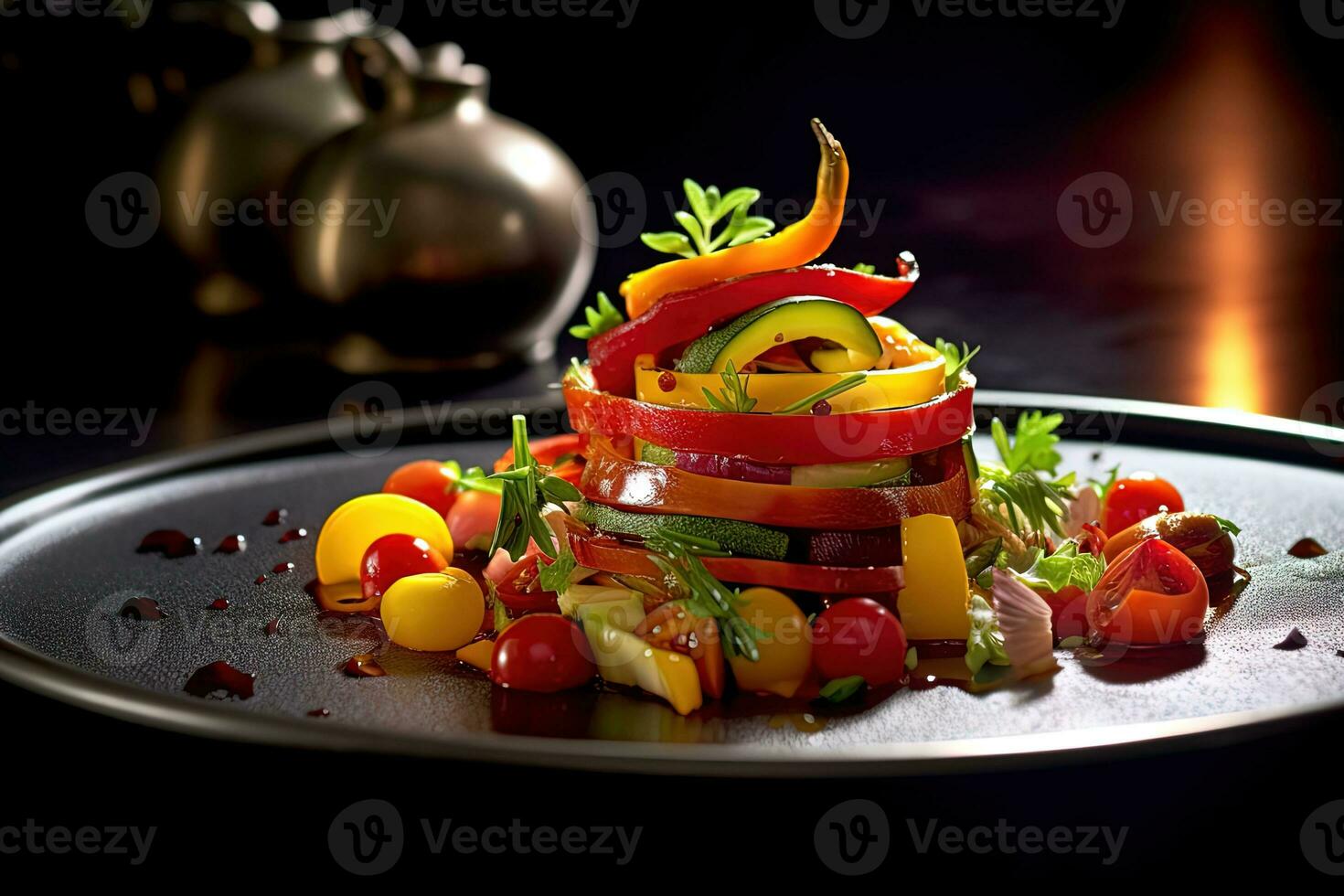 rebanadas de frutas y vegetales arreglado en pila con jarabe como un postre gastronomía en lámina. comida fotografía, generativo ai tecnología. foto