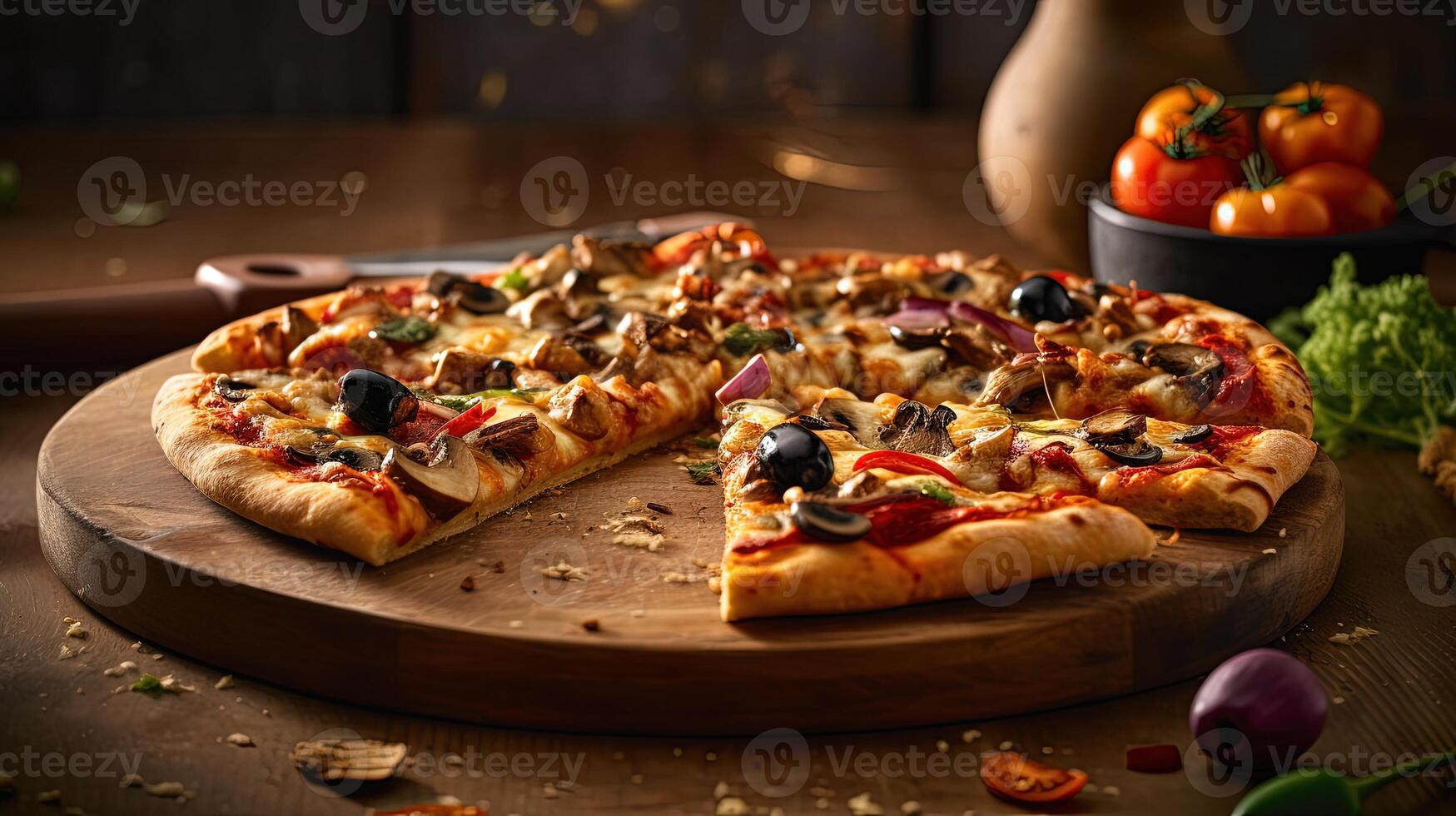 Delicious Veggie Supreme Pizza Toppings Loaded with Extra Fresh Ingredients on Wooden Cutting Board. Food Photography, Generative AI. photo