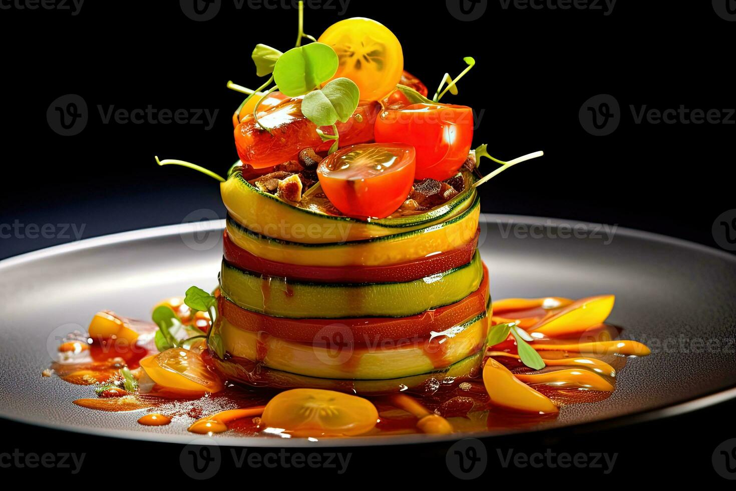 Slices of Fruits and Vegetables Arranged in Layered with Syrup as a Dessert Gastronomy on Plate. Food Photography, Generative AI Technology. photo