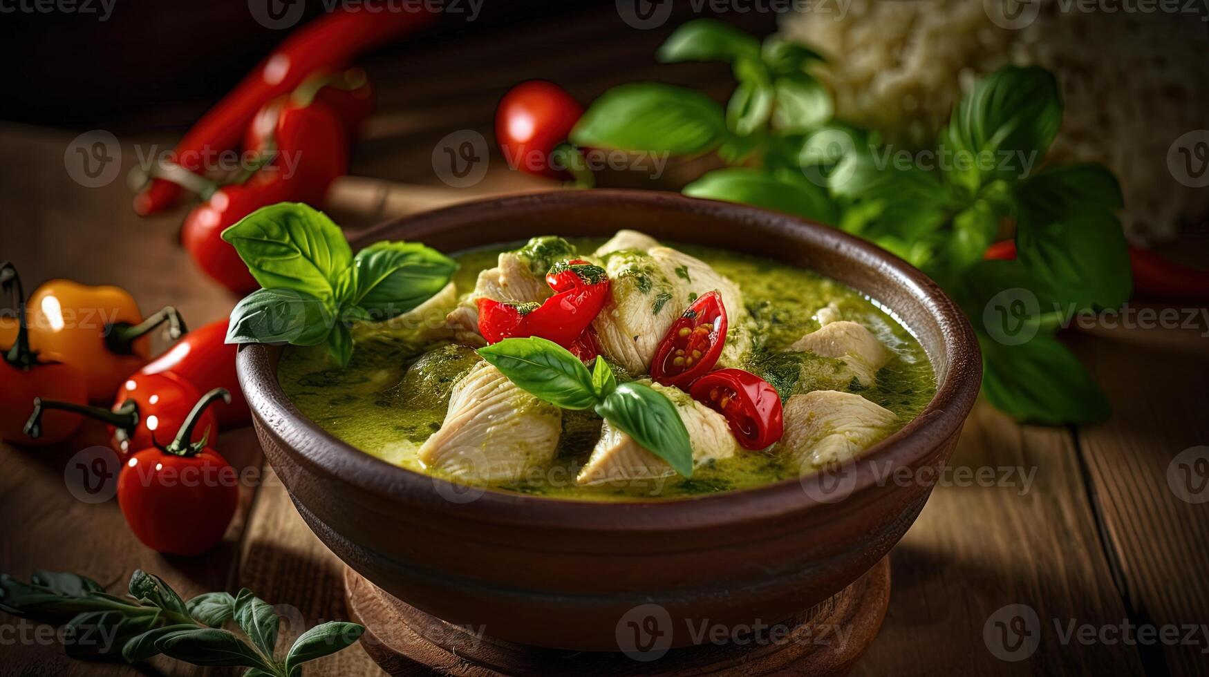 Thai Food Photography of Chicken Green Curry in Bamboo or Ceramic Bowl, Vegetable Ingredients on Wooden Table. Technology. photo