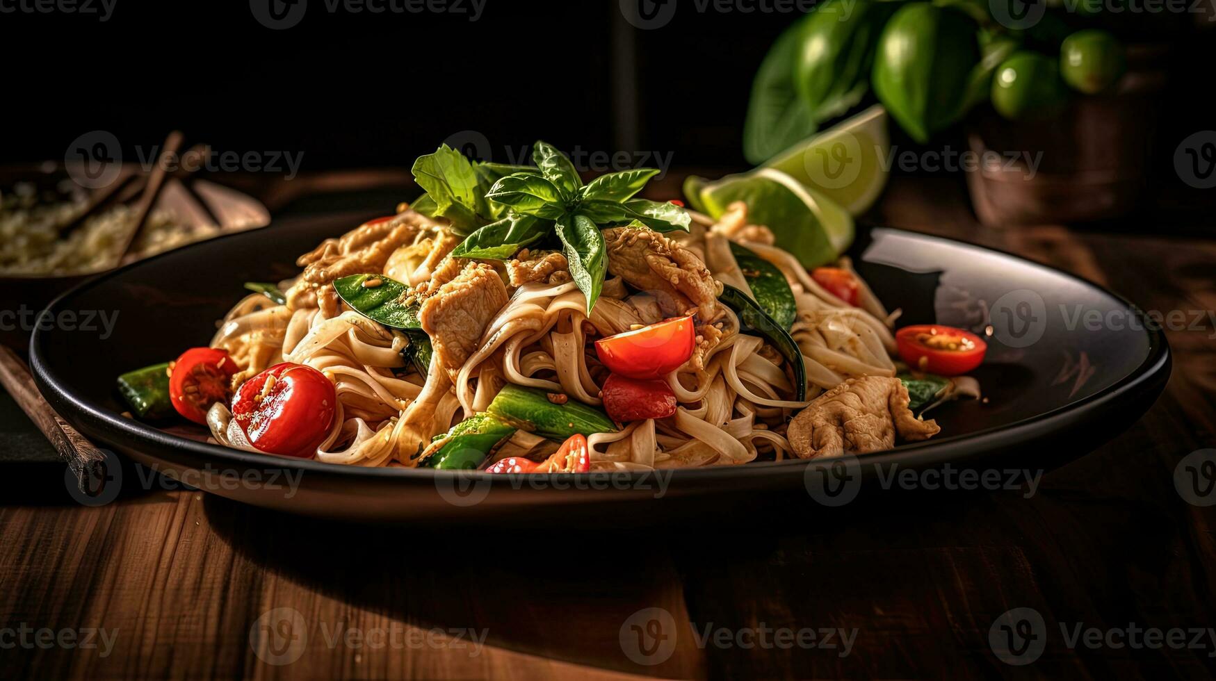 Food Photography of Spicy Thai Basil Chicken on Plate at Wooden Table. Generative AI Technology. photo