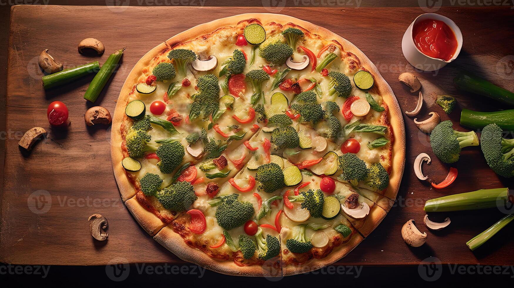 Delicious Veggie Supreme Pizza Toppings on Wooden Table Top View for Italian Food Ready To Eat Concept, Food Photography. Template or Banner for Restaurant. Generative AI. photo