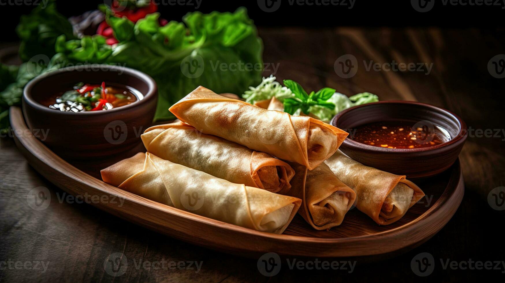 Closeup Shots of Thai Spring Rolls, Salad and Sauce in a Rustic Wooden Plate. Generative AI. photo