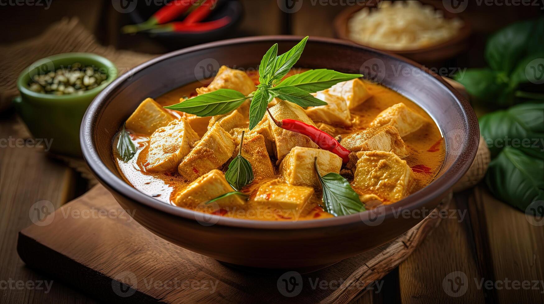 Thai Tradition Dish Image of Panang Curry Bowl on Rustic Wooden Table. . photo