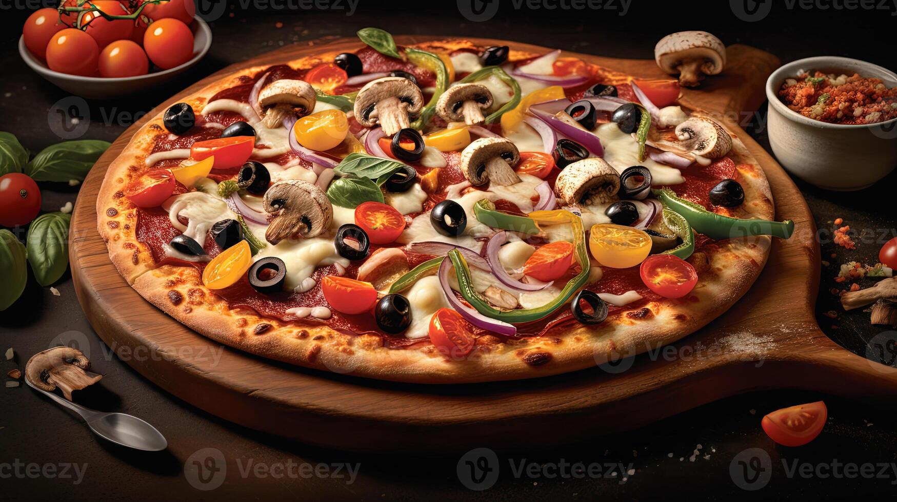 Delicious Veggie Supreme Pizza Toppings on Wooden Cutting Board for Italian Food Ready To Eat Concept, Food Photography. Template or Banner for Restaurant. Generative AI. photo