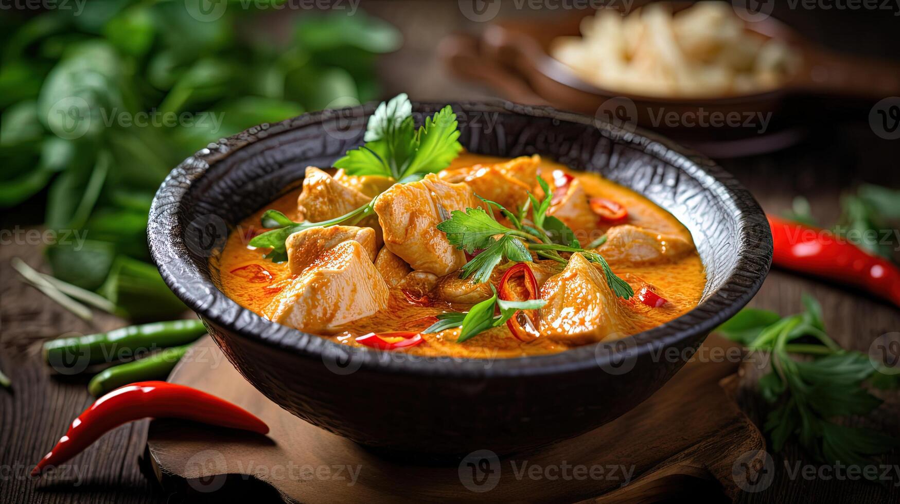 Thai Tradition Dish Image of Panang Curry Bowl on Rustic Wooden Table. . photo