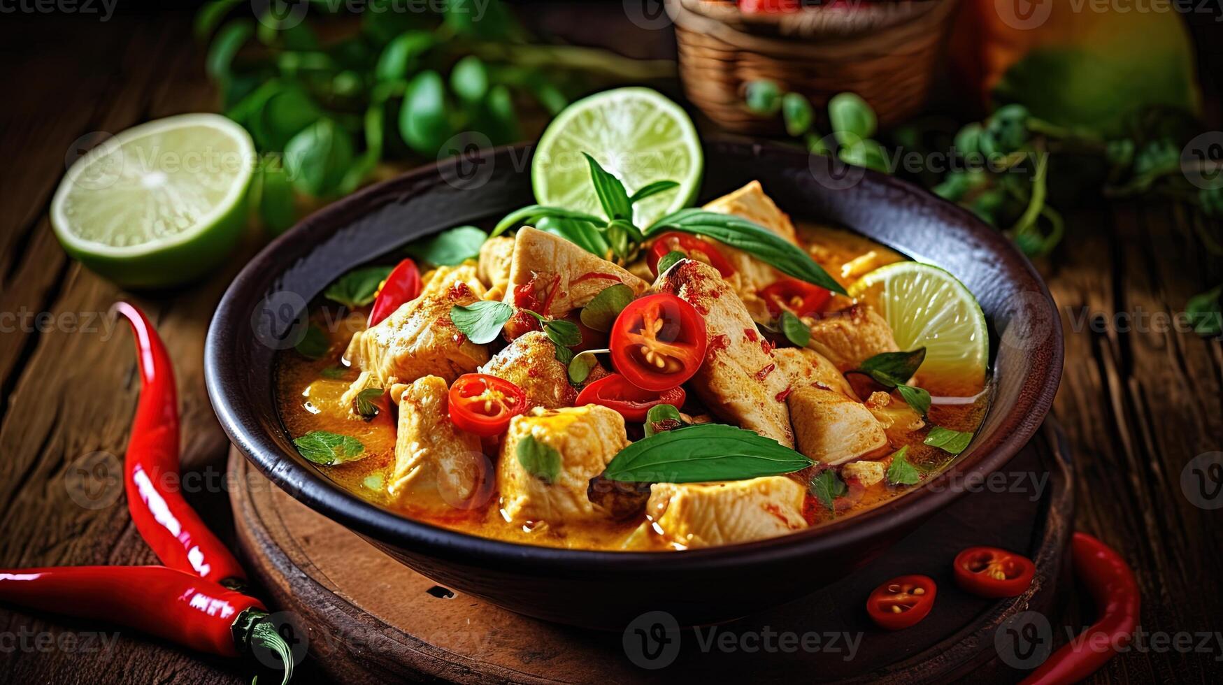 Highlight Image of Thai Red Curry Dish Bowl and Salad on Rustic Table. . photo