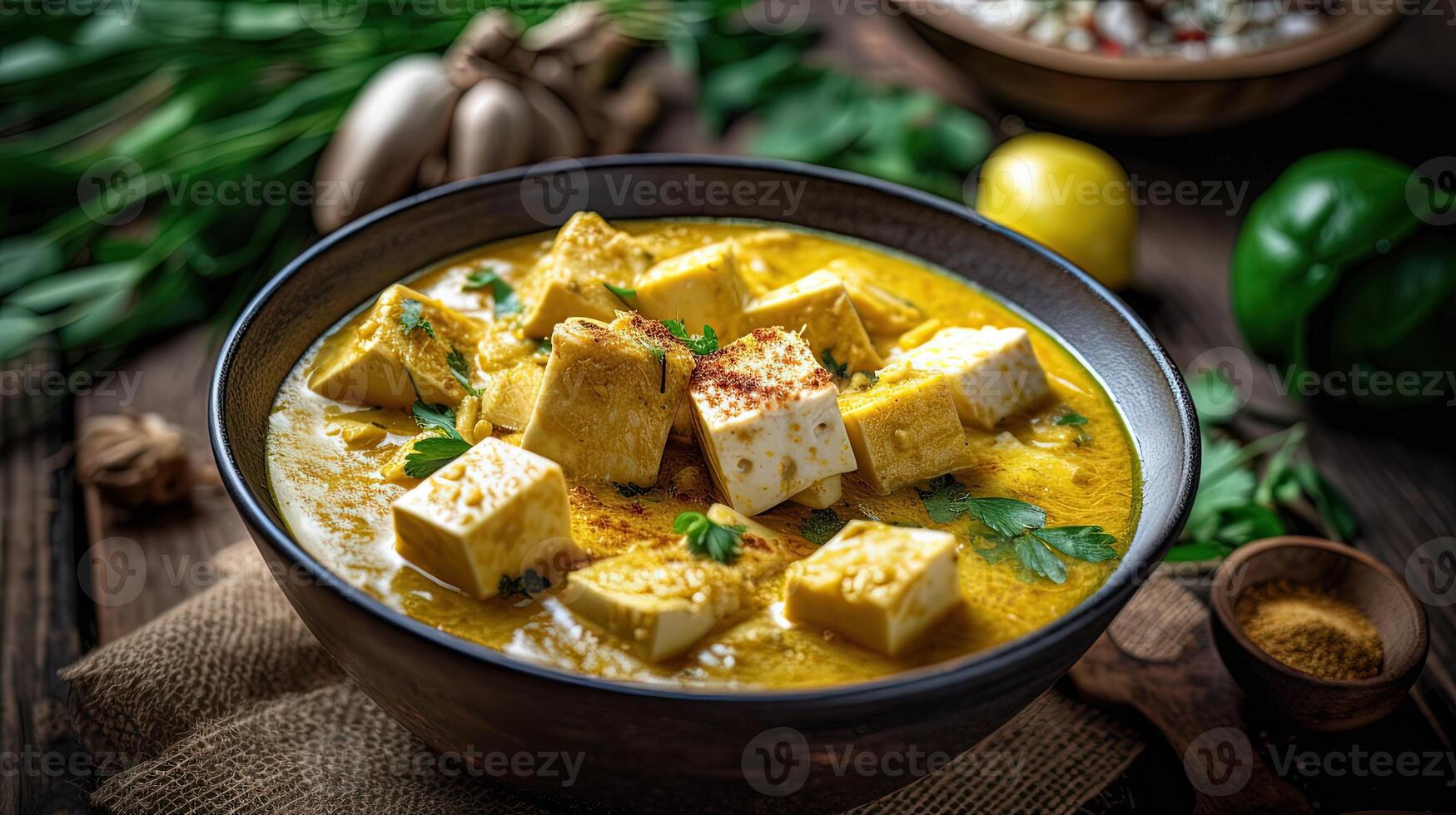 Thai Food Closeup Image of Yellow Curry Dish Bowl with Ingredients on Rustic Table. . photo