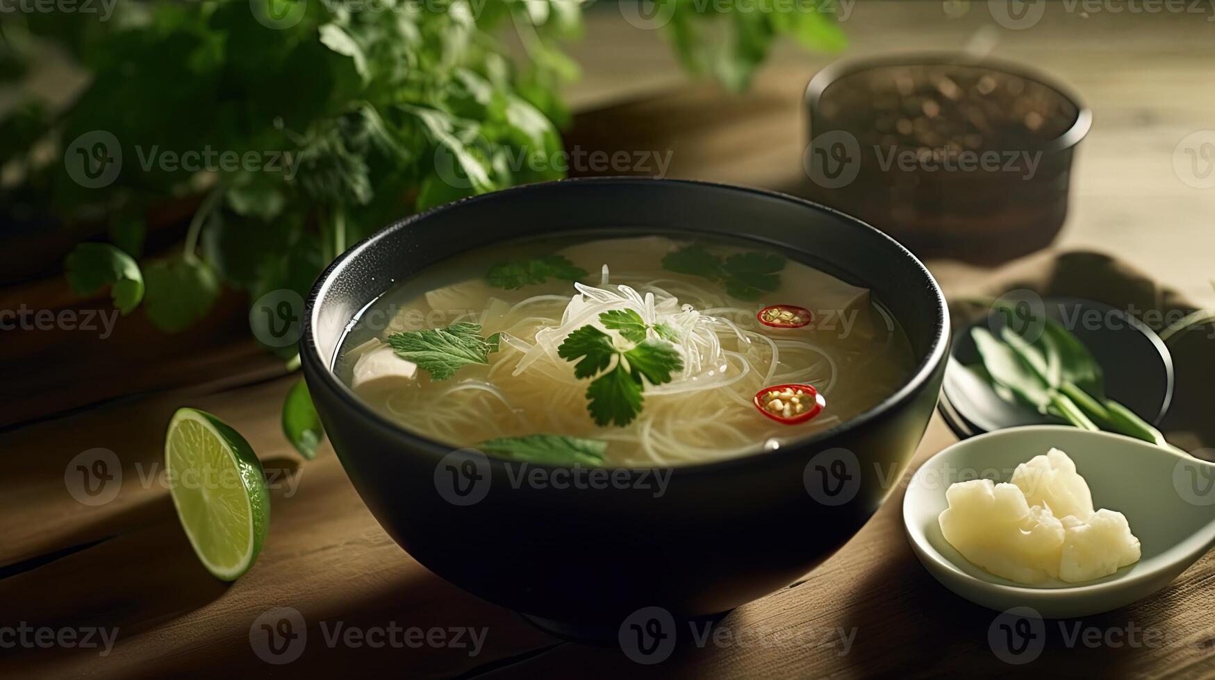 Closeup Shots of Thai Tom Jued Clear Soup in a Bowl on Rustic Wooden Table. Generative AI. photo