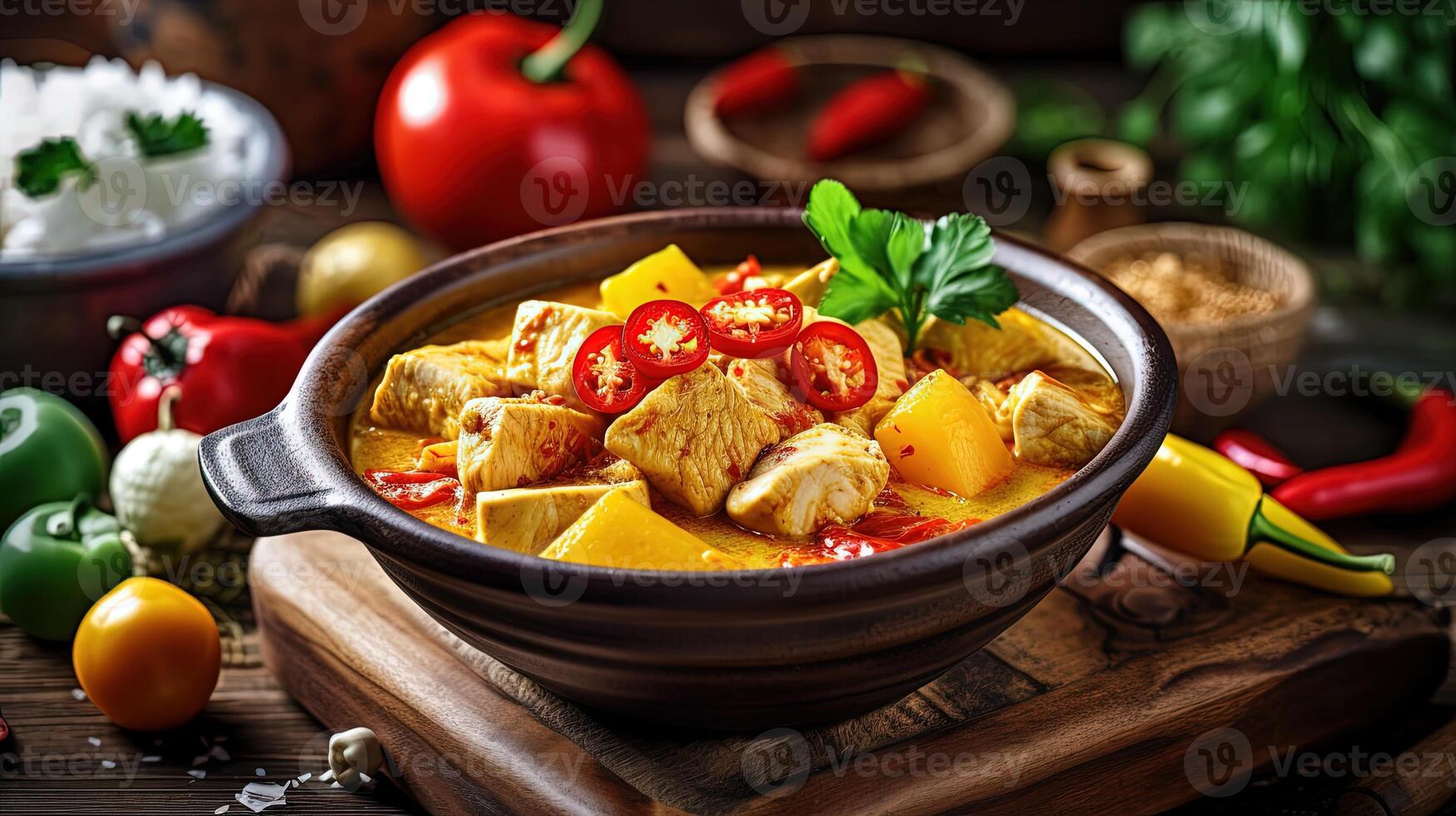Thai Food Closeup Image of Yellow Curry Dish Bowl with Ingredients on Rustic Table. . photo