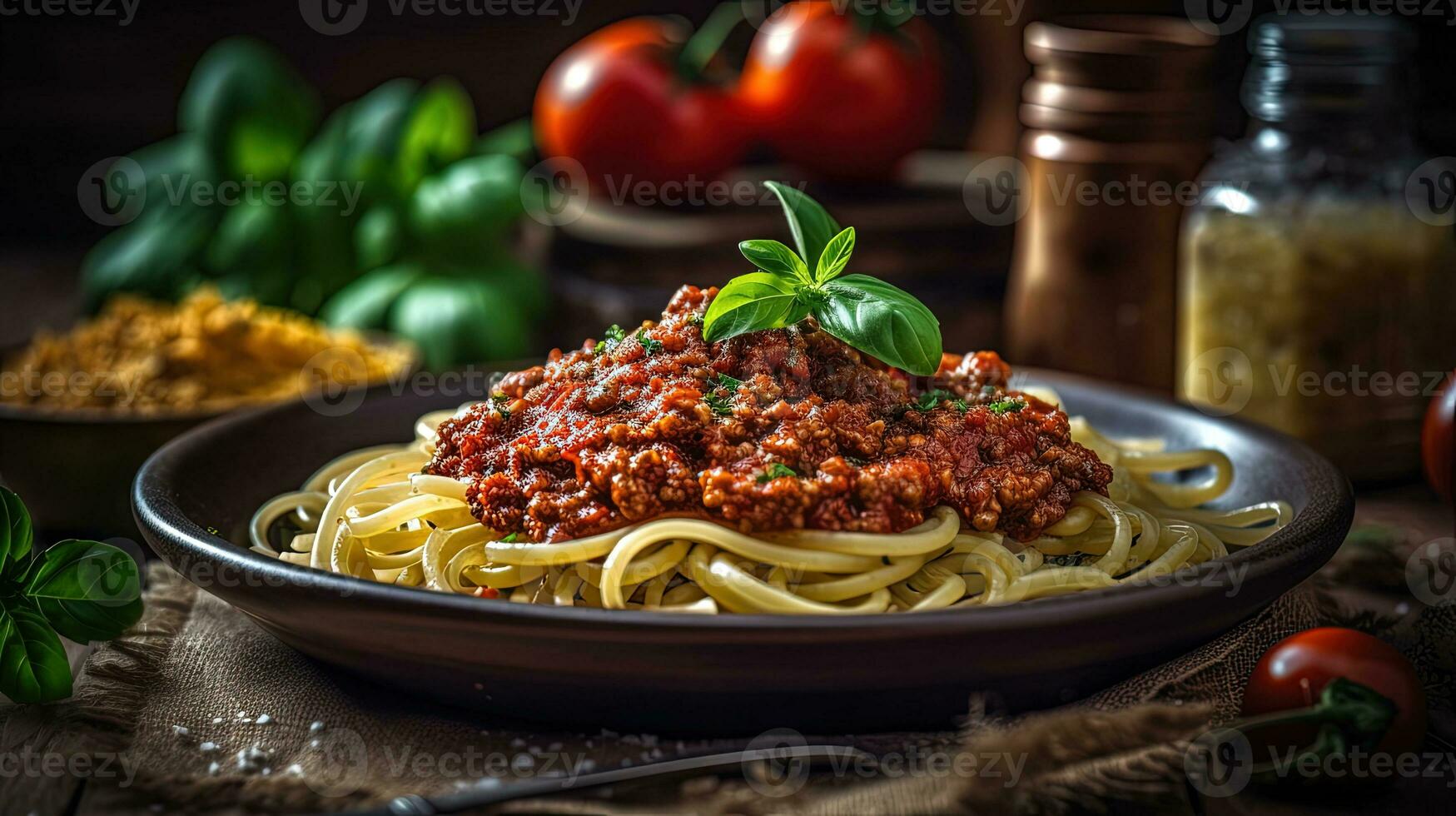 italiano comida de cerca disparos de delicioso espaguetis boloñesa con Fresco ingredientes en rústico mesa. foto