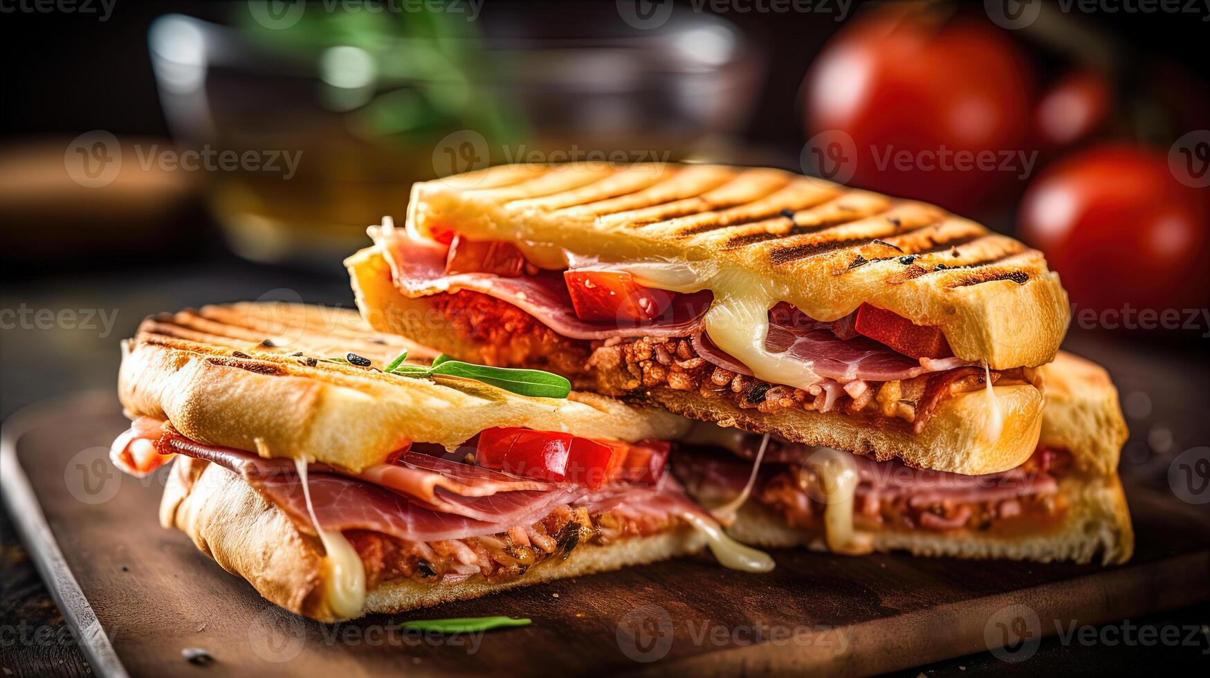 Italian Food Image of Tasty Panini Dish with Fresh Tomatoes on Wooden Background for Meat Lover. photo