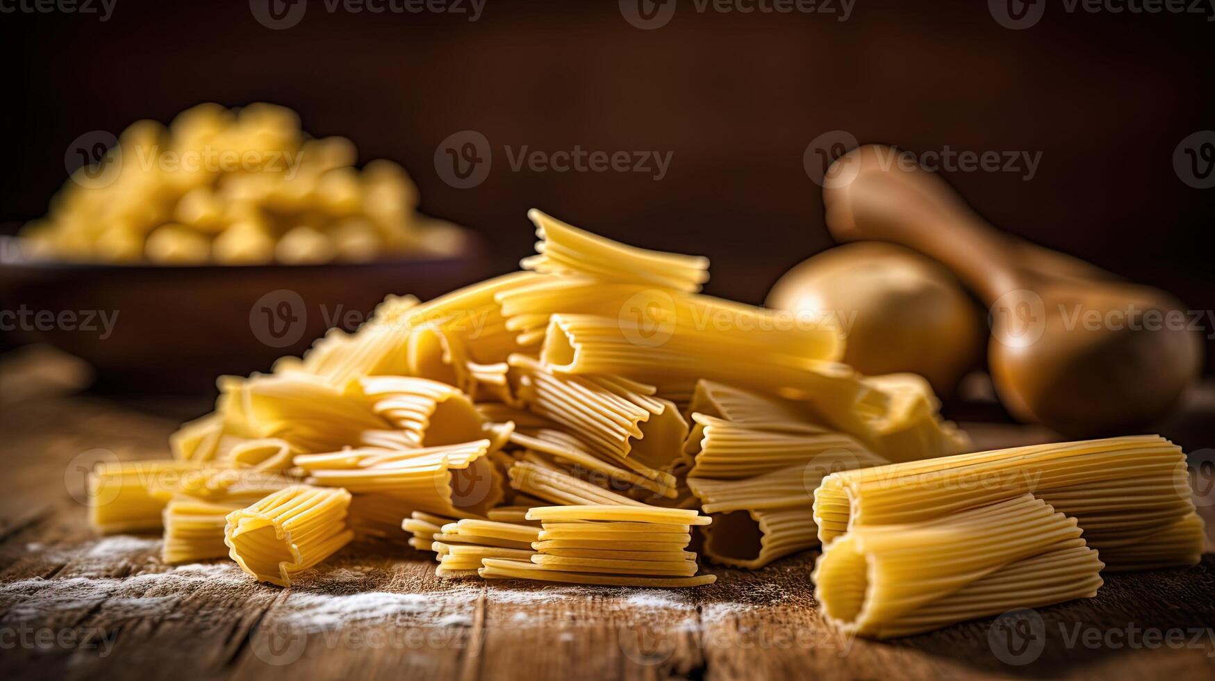 Closeup of Uncooked Tortiglioni or Rigatoni Pasta with White Flour on Wooden Table. Generative AI Technology. photo