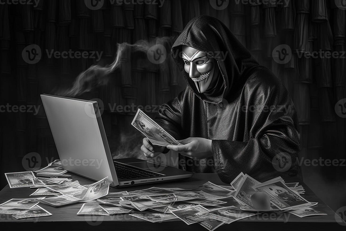 Black and White Photography of Anonymous Hacker Holding Ancient Paper Currency and Laptop on Table. Technology. photo