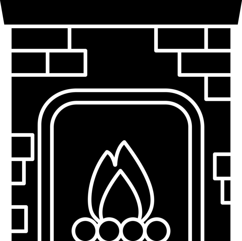 Burning Fireplace Icon In Black And White Color. vector