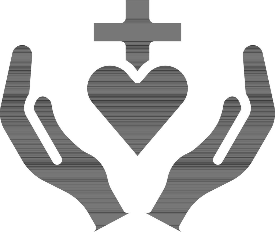 Christian Cross With Praying Hands Icon In black and white. vector