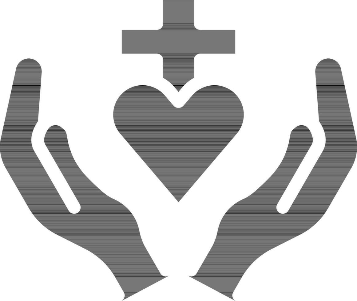 Christian Cross With Praying Hands Icon In black and white. vector