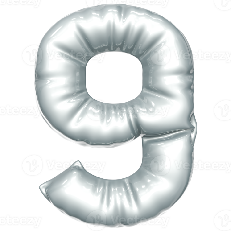 Silver balloon font 3d rendering, ln Number 9 png