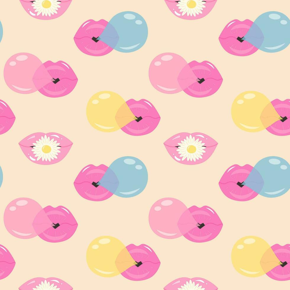 Lips with gum bubble and daisy seamless pattern. Cute pastel background. Vintage trendy y2k wrapping paper. vector