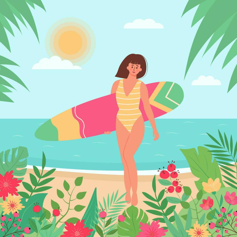 mujer en traje de baño con tabla de surf en el playa. tropical palma hojas, flores y plantas alrededor. Hora de verano, marina, activo deporte, surf, vacaciones concepto. plano dibujos animados vector ilustración.