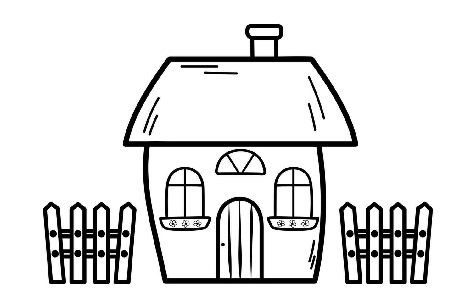 Cute tiny house with fence in doodle style. Sweet home. Vector hand-drawn illustration isolated on white background.