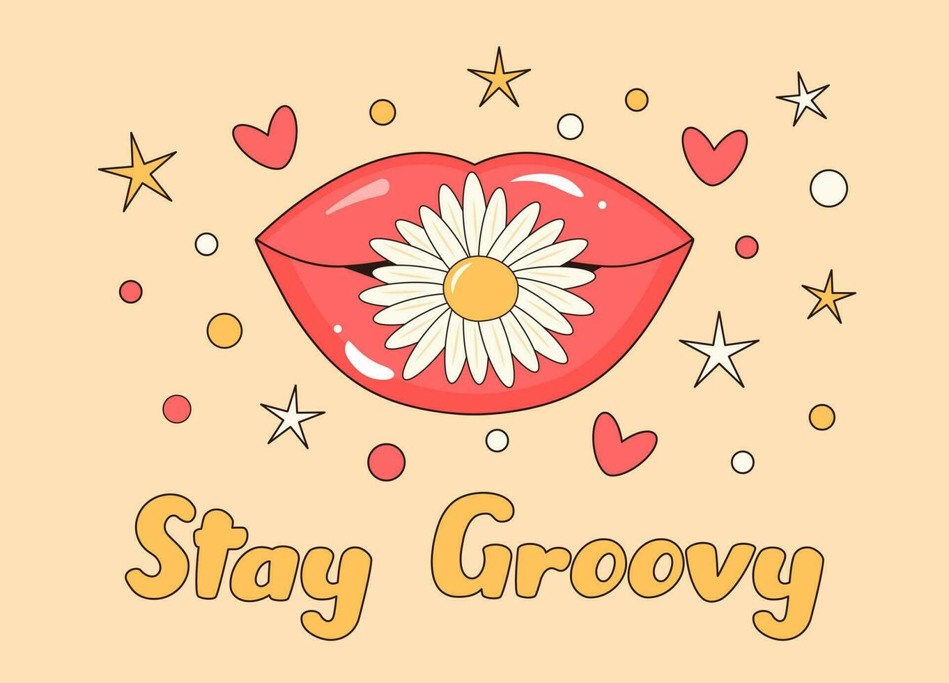 Retro groovy mouth with chamomile between teeth. Stay groovy text. Hippie psychedelic cartoon design. vector