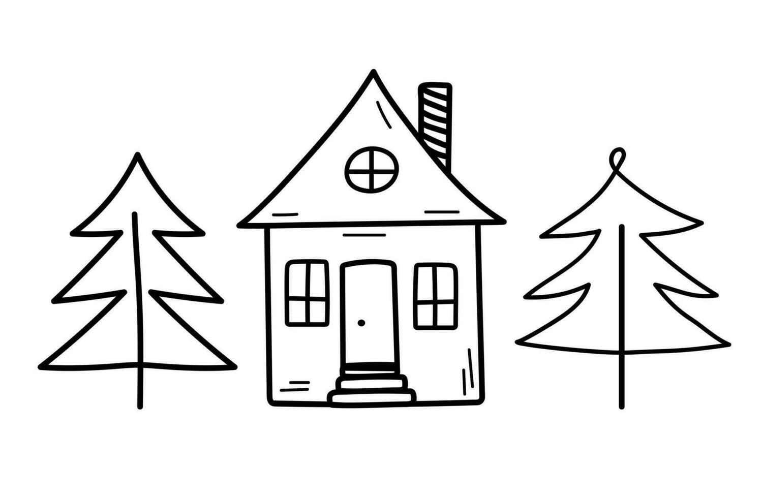 Cute tiny house with fir trees in doodle style. Sweet home. Vector hand-drawn illustration isolated on white background.