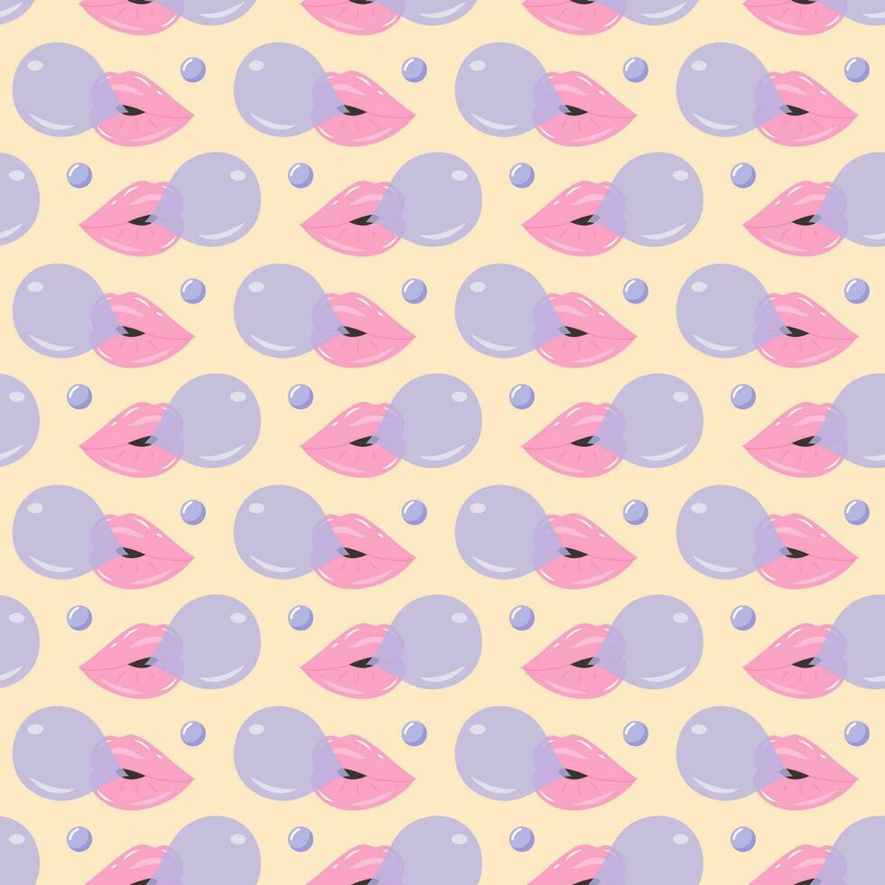 Lips blowing bubble gum seamless pattern on beige pastel background. Cute print. Trendy wrapping paper. vector