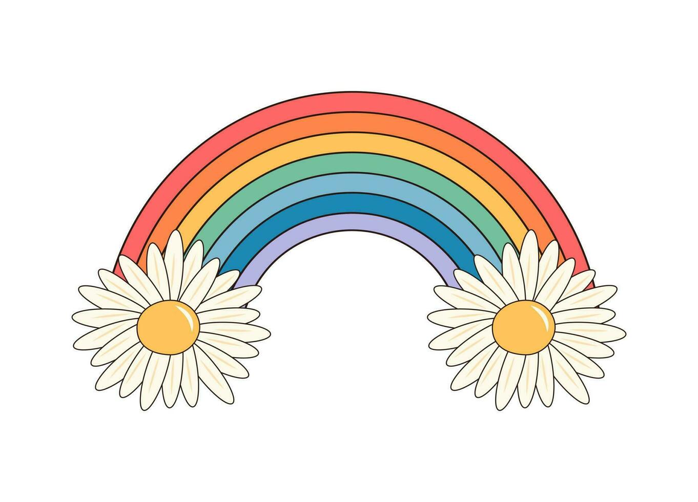 Hippie rainbow with daisies. Groovy retro psychedelic cartoon element. Vector illustration isolated on white background.