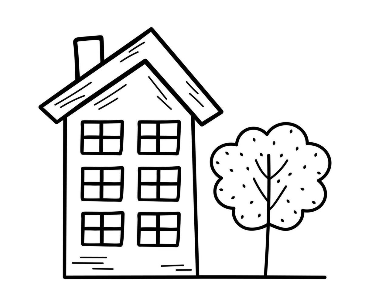 Cute tiny house with tree in doodle style. Sweet home. Vector hand-drawn illustration isolated on white background.