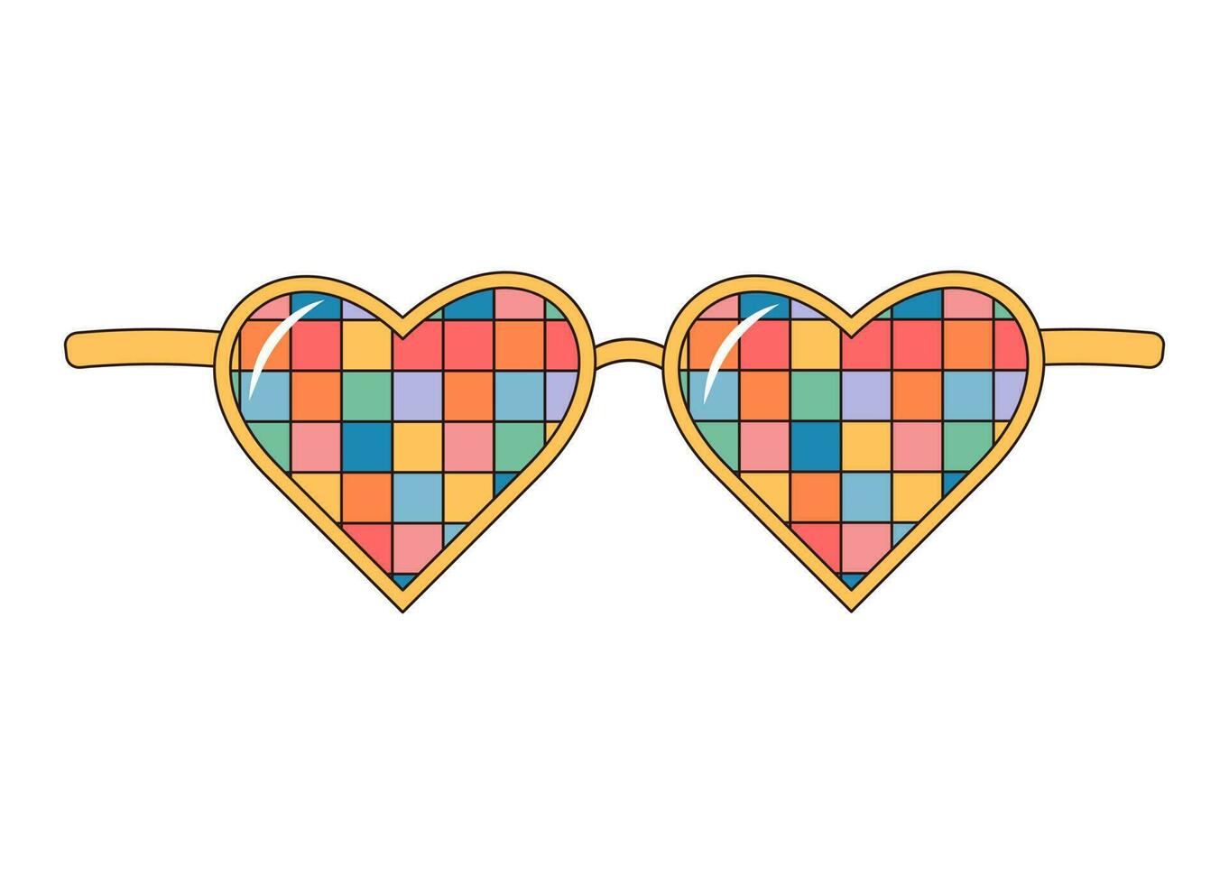 Hippie rainbow sunglasses. Groovy retro fashion style. Heart shaped glasses. Vector illustration isolated on white background.