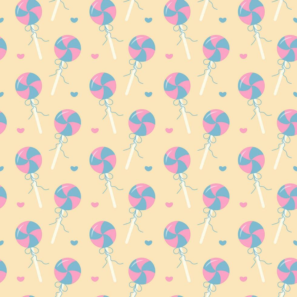 Lollipop and hearts seamless pattern on beige pastel background. Cute print. Trendy wrapping paper. vector