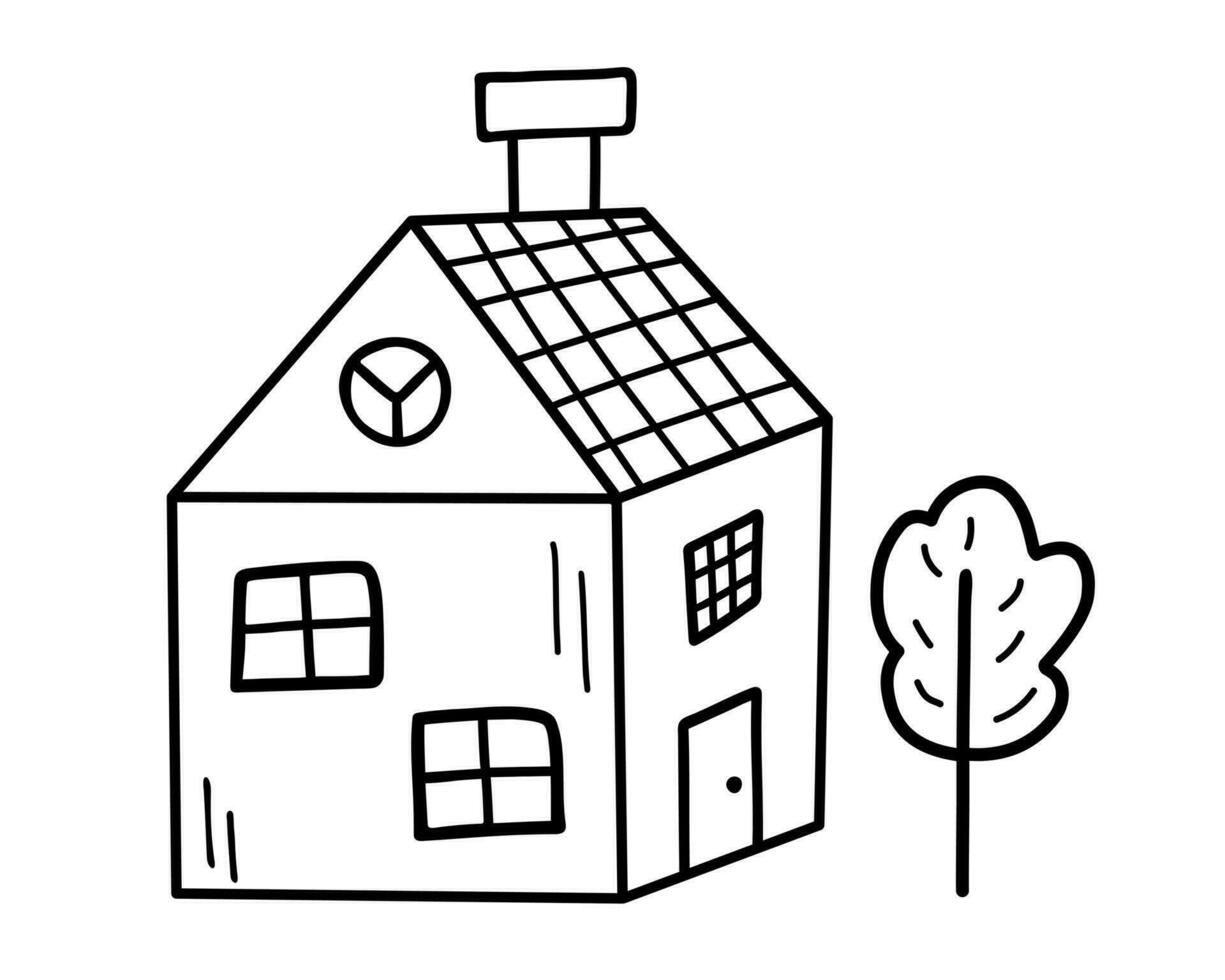 Cute tiny house with tree in doodle style. Sweet home. Vector hand-drawn illustration isolated on white background.