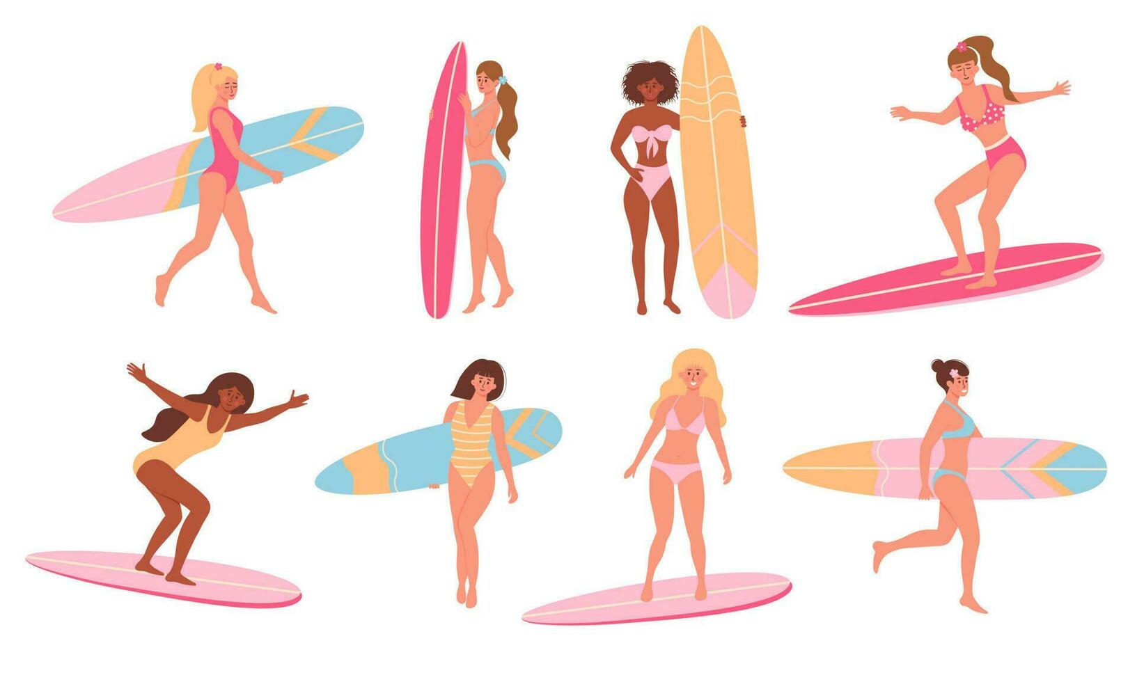Beautiful women in swimsuits with surfboards. Beach surfers girls set. Active summer, Healthy Lifestyle, Surfing, Summer Vacation concept. vector