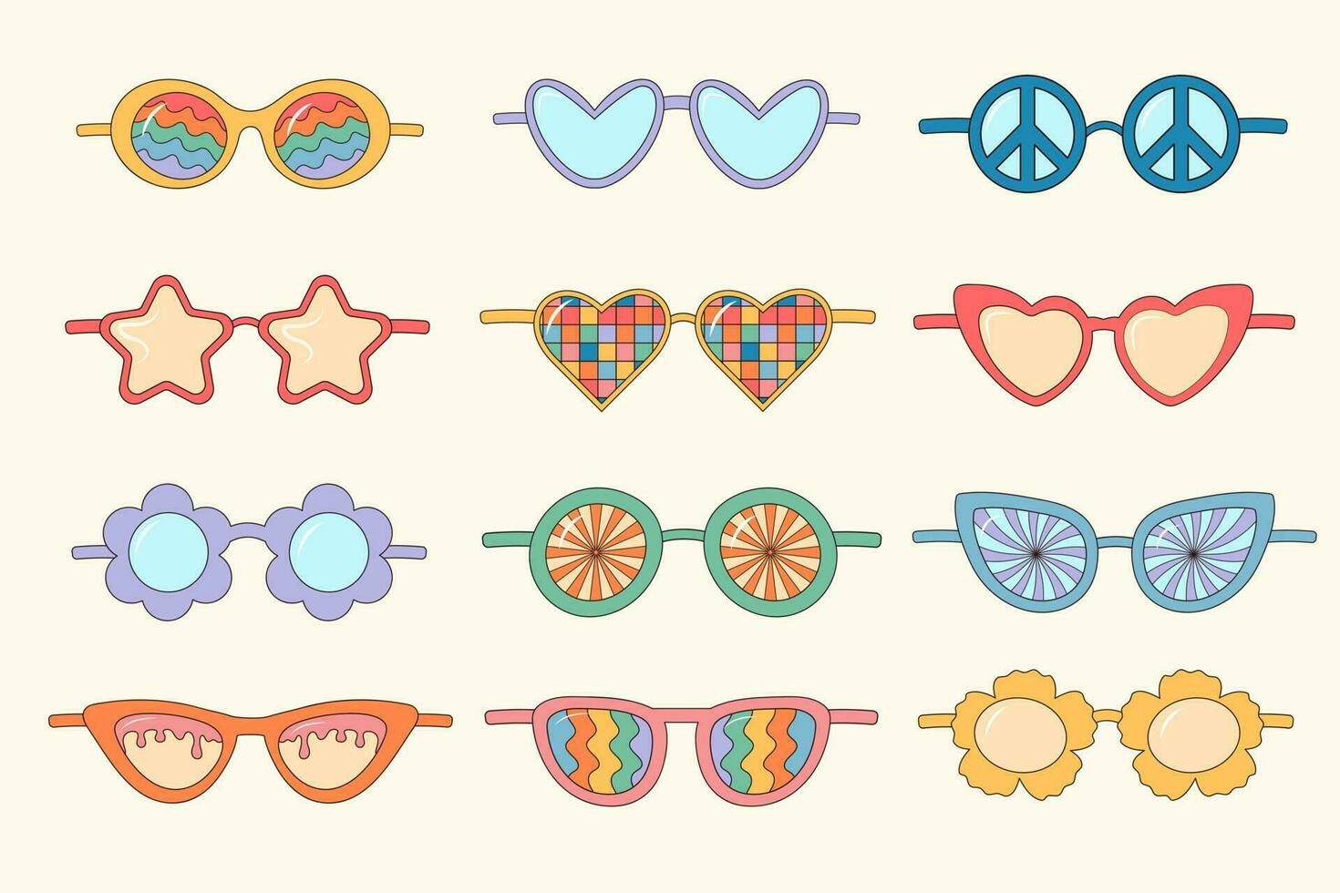 Groovy hippie sunglasses set. Cute retro psychedelic glasses. Linear color vector illustration.