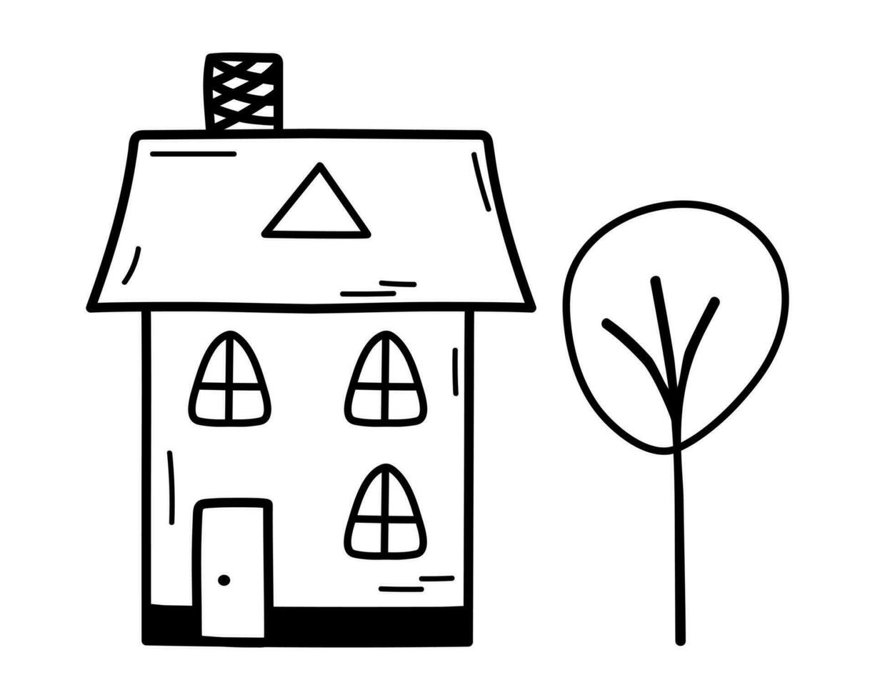 Cute tiny house with tree in doodle style. Sweet home. Vector hand-drawn illustration isolated on white background.