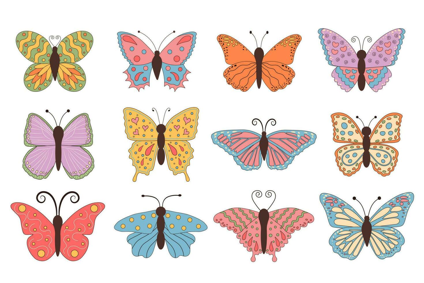 Groovy retro butterfly set in 60s 70s style. Hippie Boho Summer colorful butterflies print collection. Linear color vector illustration.