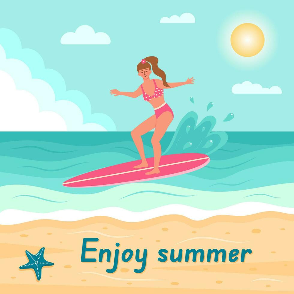 Woman in swimsuit on the surfboard in the ocean. Summer seascape, active sport, surfing on ocean waves, vacation concept. Enjoy summer text. Flat cartoon vector illustration.