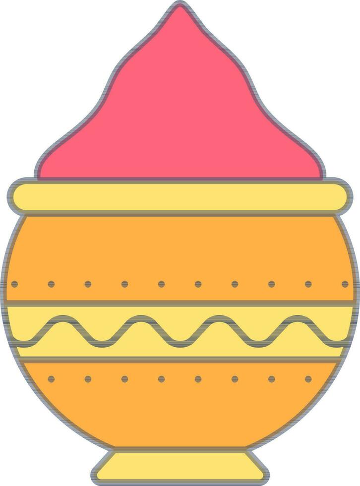 Clay Pot Full Of Powder Gulal Icon In Yellow And Pink Color. vector