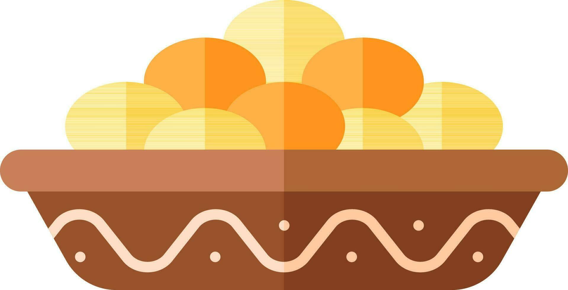Indian Sweet Ladoo Bowl Icon In Yellow And Brown Color. vector