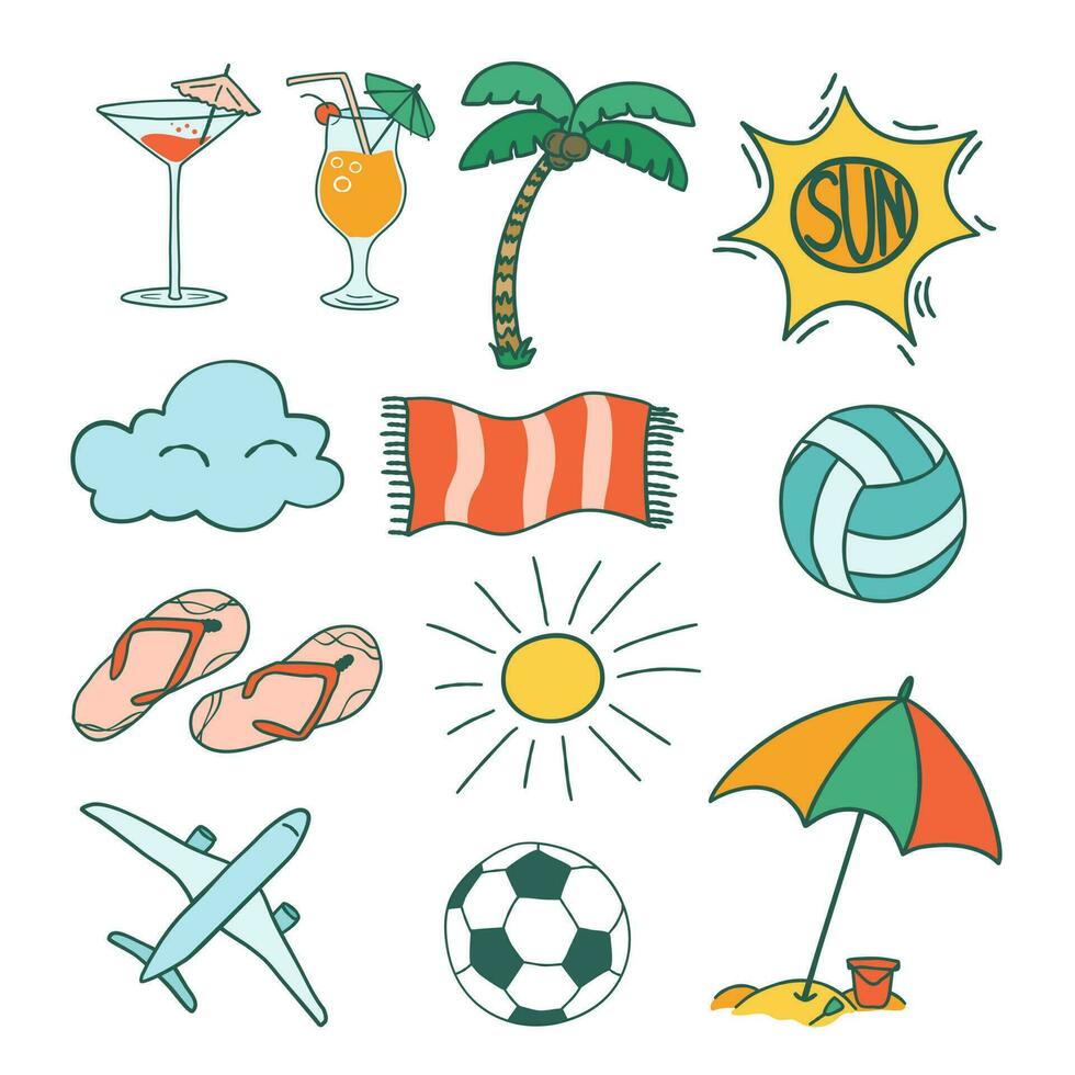 Vector summertime set with summer items umbrella, plane, football, volleyball, slippers, sun, palm tree, cocktails, flip flops. Vector illustration of colorful funny doodle summer symbols