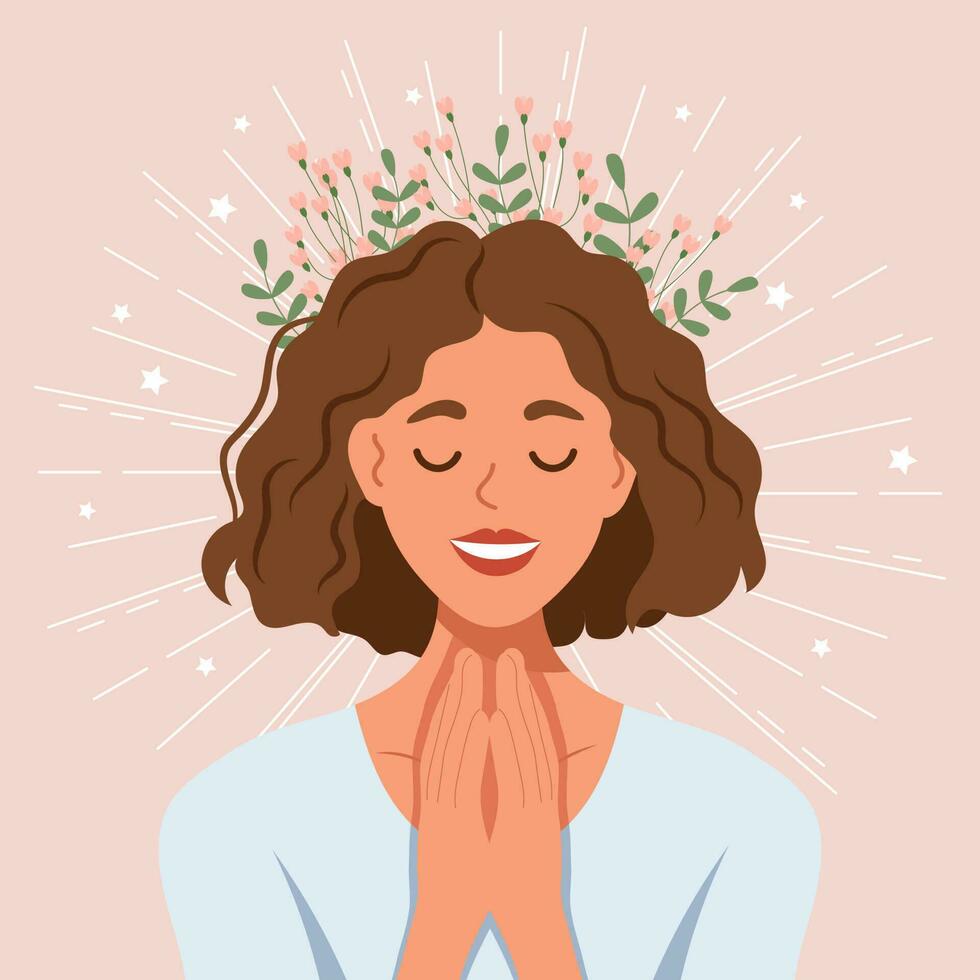 Mental health Healthy mental state, self-love, self-care, self-acceptance. Happy woman with flowers and stars. Illustration, vector