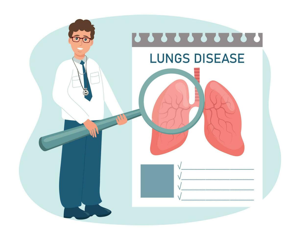 Male doctor with a magnifying glass examines lung diseases, respiratory system. Medical healthcare concept. Vector