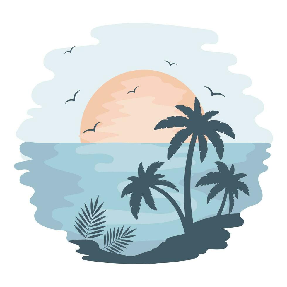 Seascape, sunset in the tropical sea with palm trees and seagulls on a watercolor background. Illustration, icon, vector