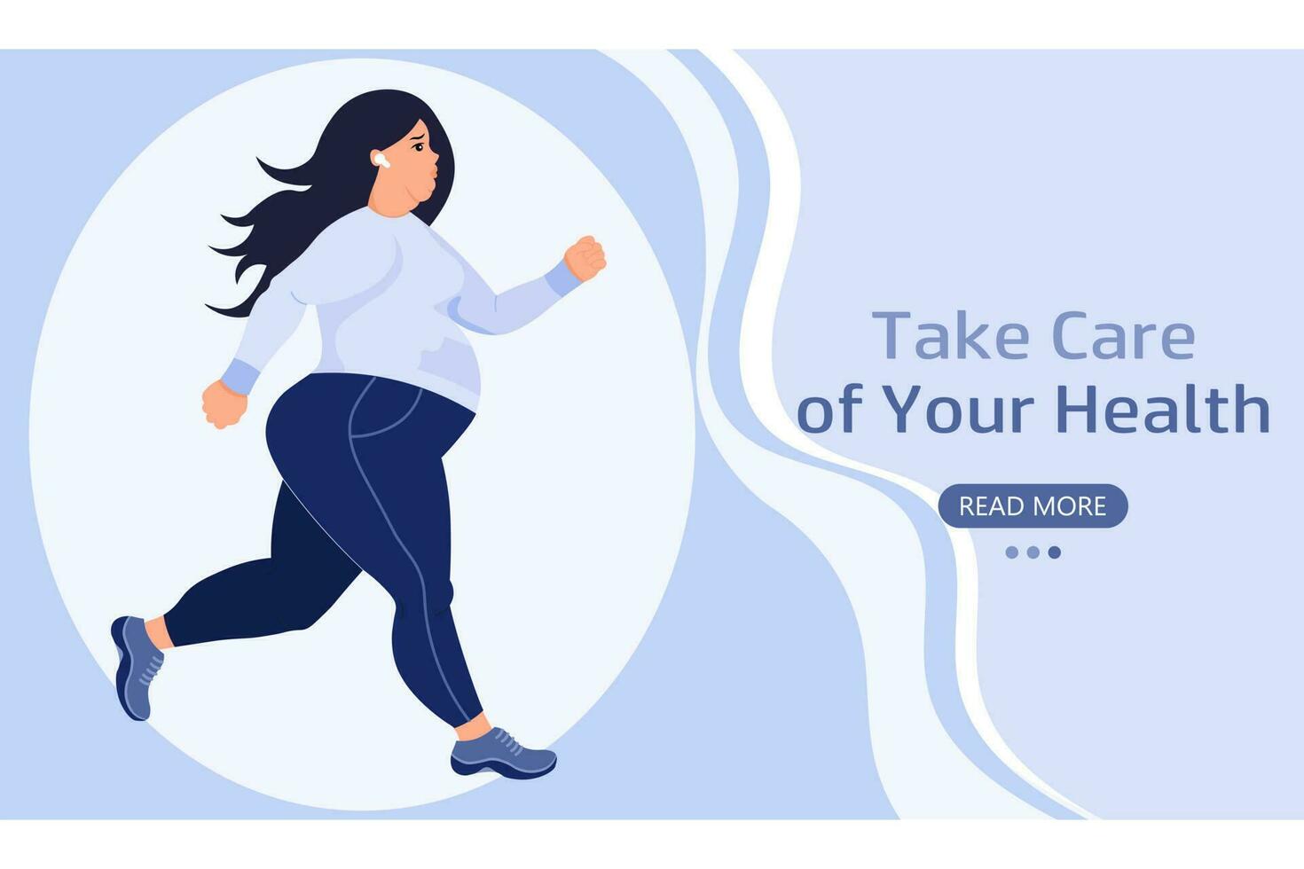 Fat woman goes in for sports, healthy lifestyle banner. The concept of medicine and healthcare. Web banner, landing page, illustration, vector