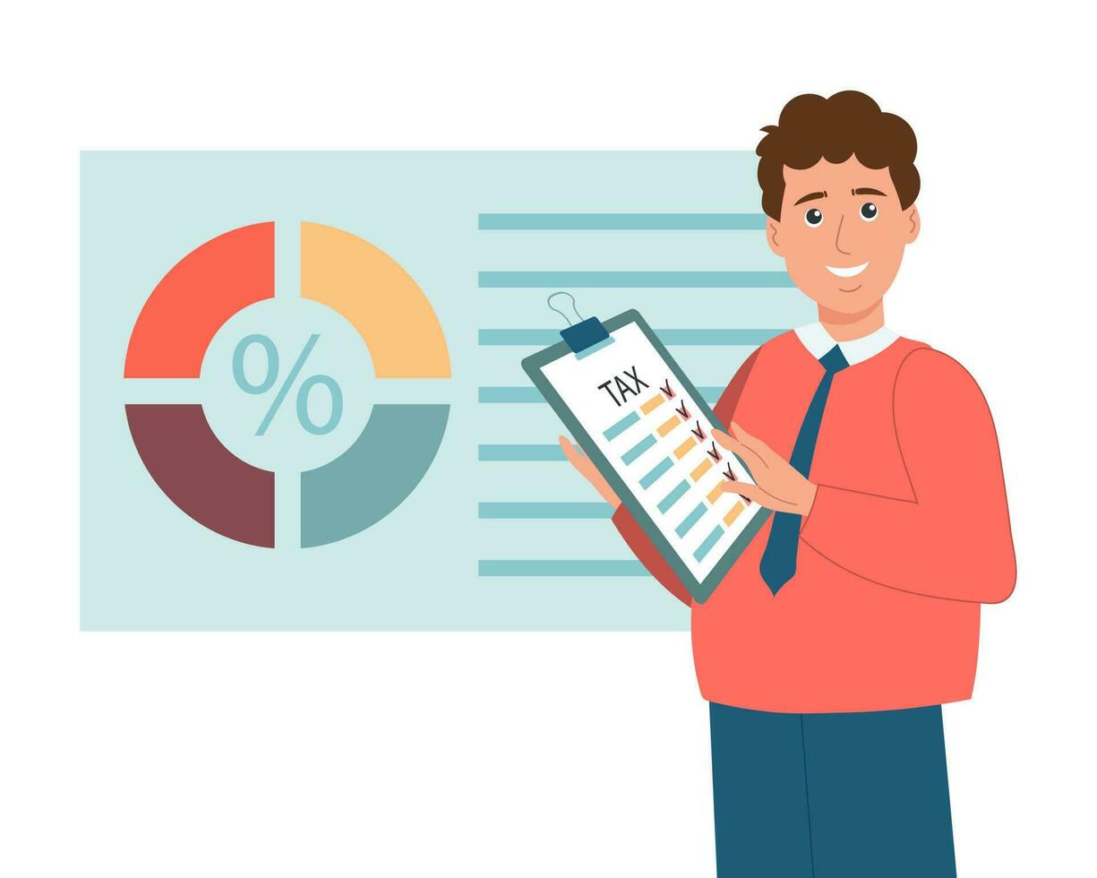 Tax declaration illustration. Character male preparing documents for tax calculation, making income tax return and calculating business invoices. Taxation concept. Vector. vector