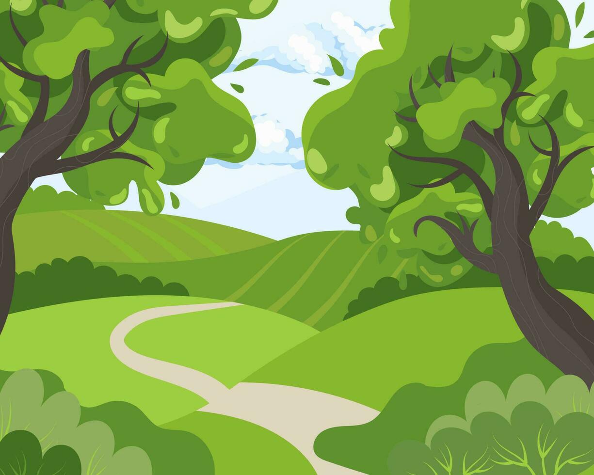Spring landscape, country road and trees in the fields and meadows on the background of the sky and the sun. Illustration, poster, vector