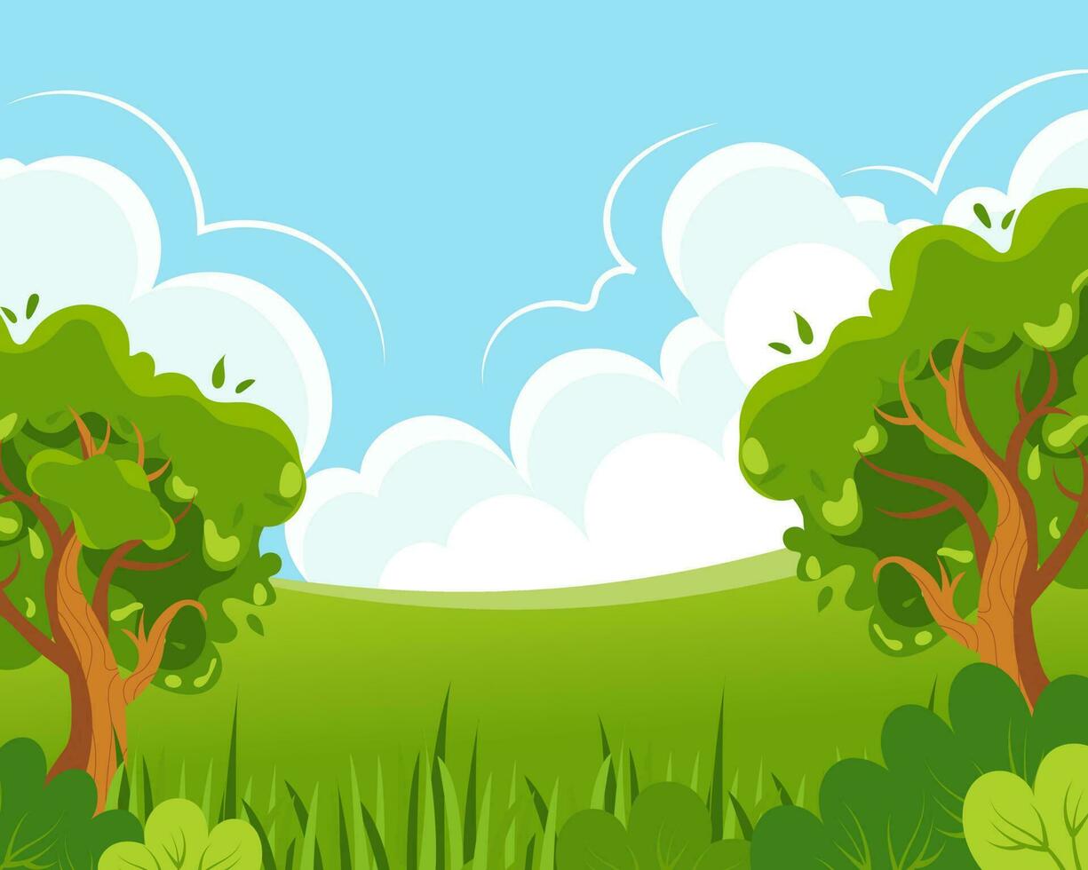 Spring landscape, trees, meadow grasses, fields against the background of the sky and the sun. Illustration, poster, vector